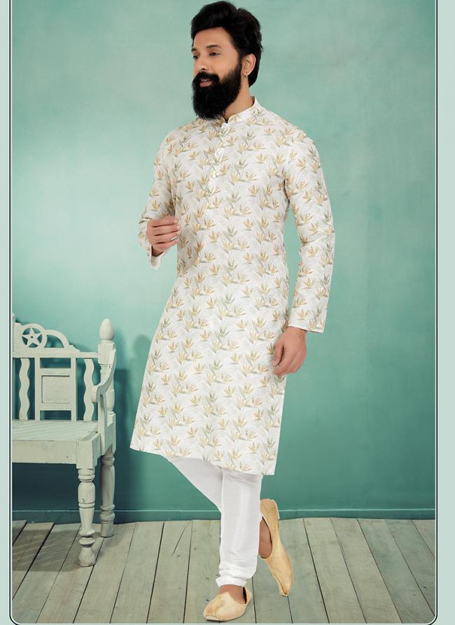 Dhupion Silk White Festival Wear Printed Readymade Kurta Pajama